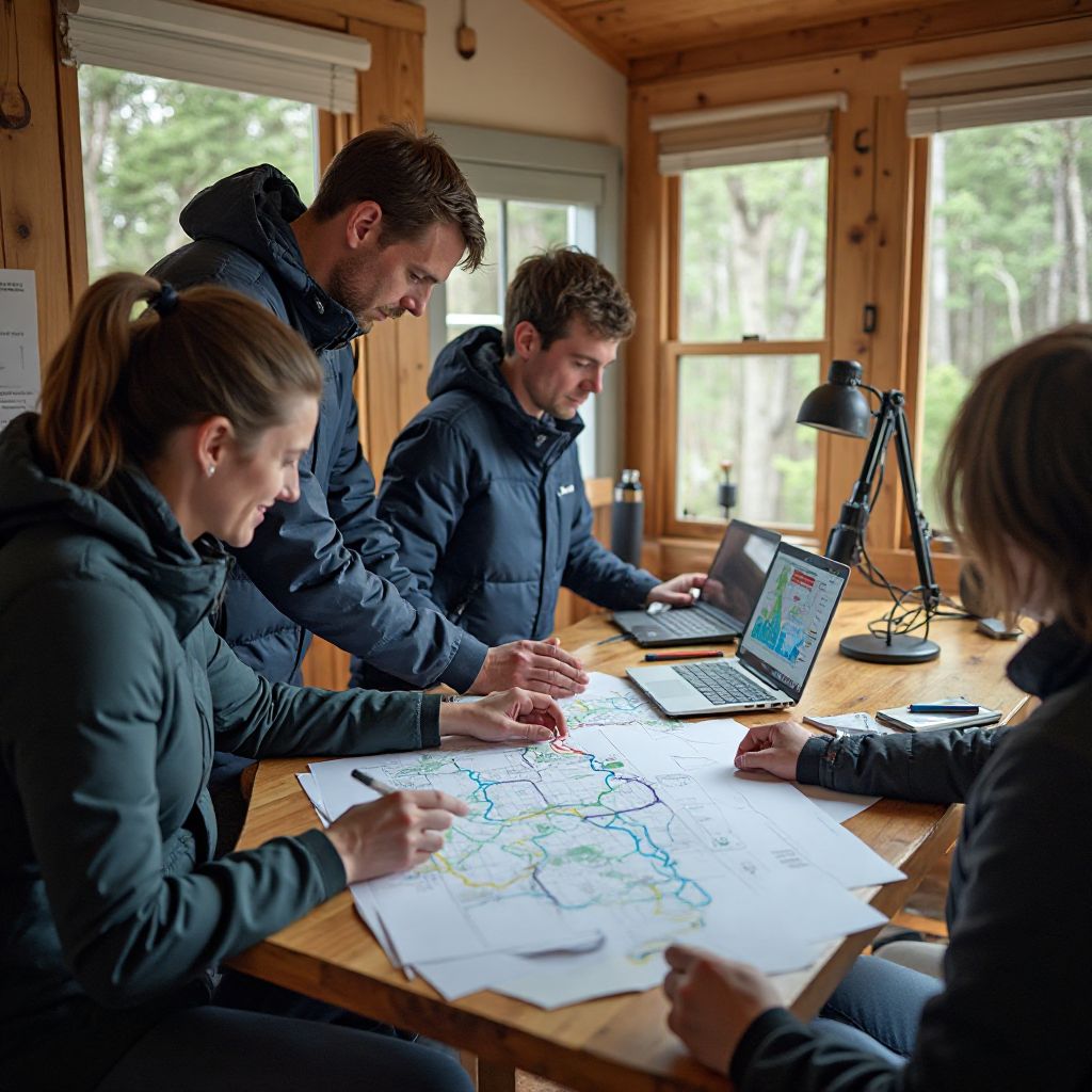 Team planning expedition route in office